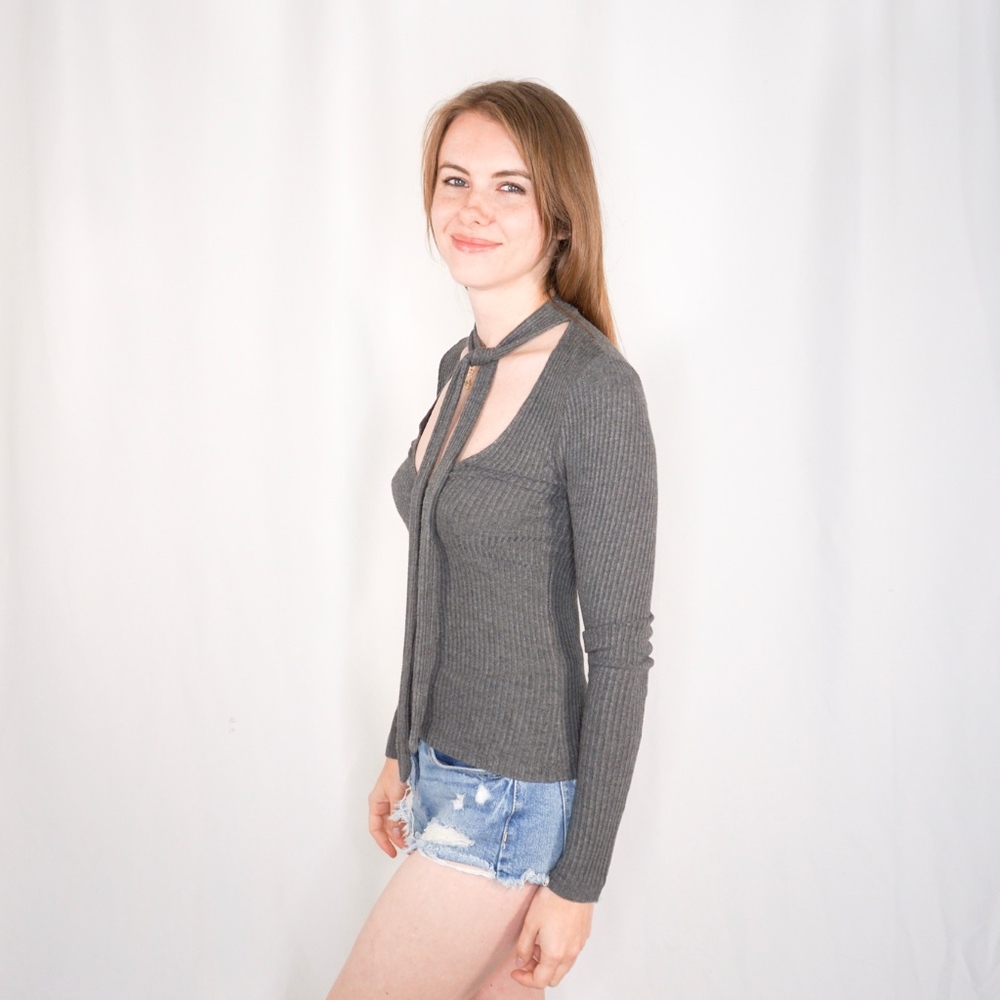 BRANDY MELVILLE Rib Gray Plunge Neck Tie Top NWT - Picture 6 of 8